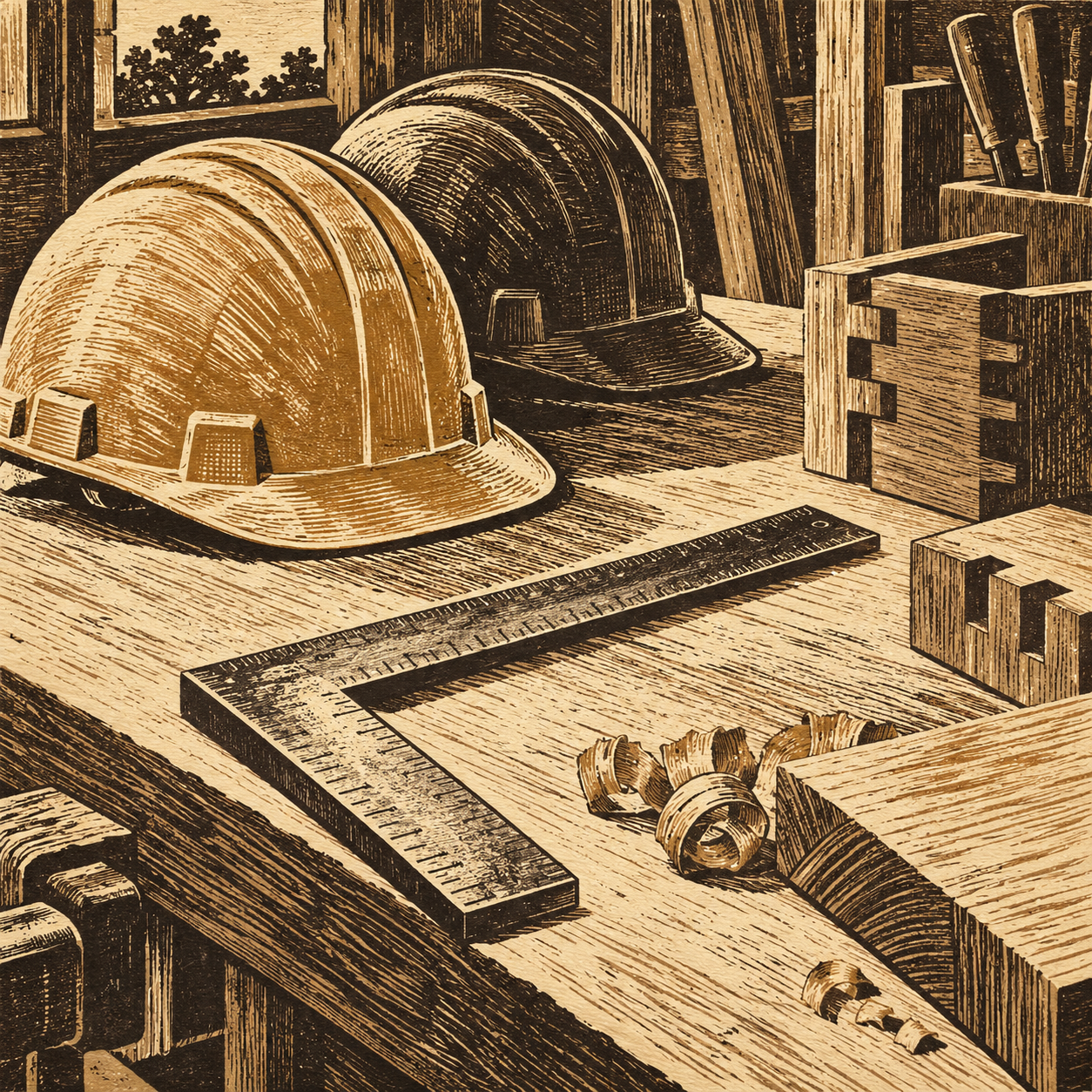 Illustration of small construction workshop: a measuring square, hard hats, joinery samples