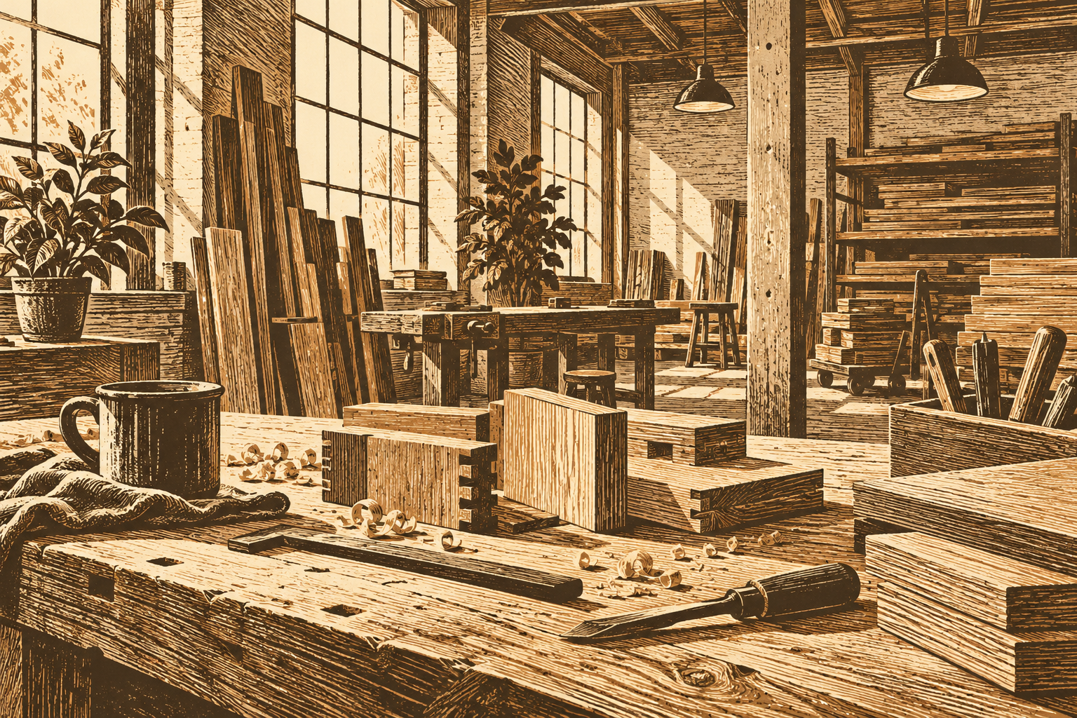 Illustration of small construction workshop: joinery samples, an organized site bench, stacked timber