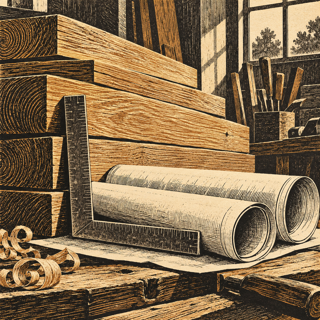 Illustration of small construction workshop: stacked timber, rolled blank plans, a measuring square